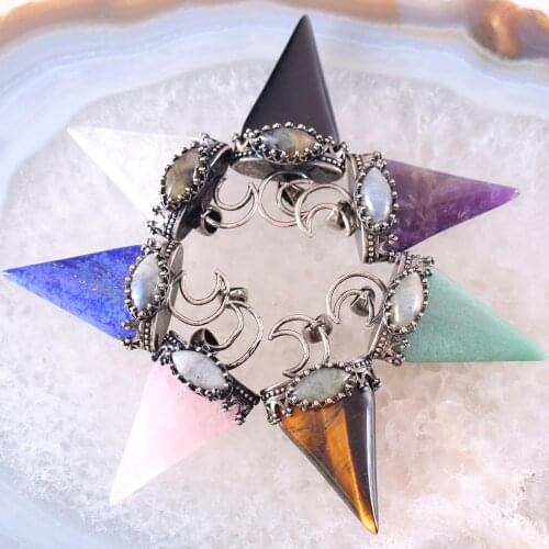 Charm Necklace Pendant Natural Lapis Crystal Stone Labradorite Oval Bead Triangle Antique Crown Half Moon Jewery Gift