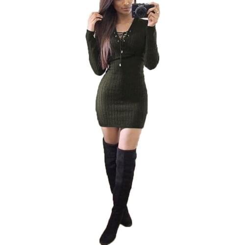 Autumn Winter Women Knitting Dress Long Sleeve Bandage V Neck Sexy Short Knitted Dress Slim Bodycon Party Vestidos Sweater Dress