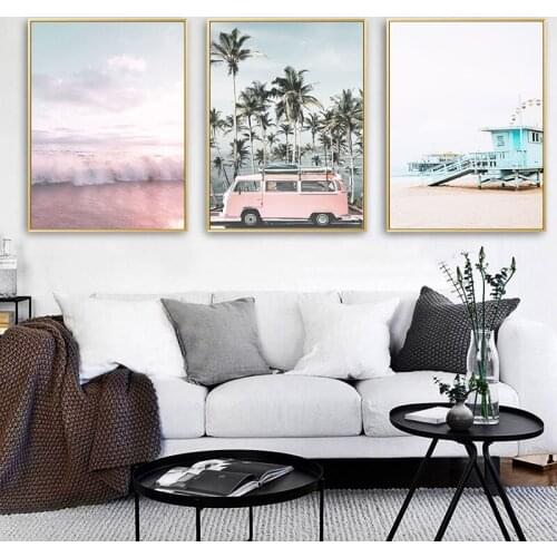 Ocean Landscape Canvas Poster Nordic Style Beach Pink Bus Wall Art Print Painting Decoration Picture Scandinavian Home Decor
