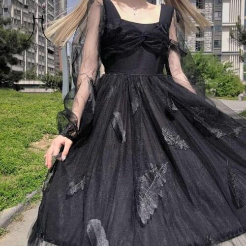 Heydress Kawaii Vintage Summer Dress Women Elegant Lolita Black Sexy Revolve Dress Casual Princess Puff Sleeve Fairy Dress