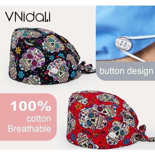 Working Cap with Buttons and Sweatband, Adjustable Tie Back Working Hat Head Cover Headwear Sweatband for Women Men scrub hat