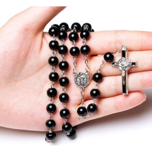Handmade Round Glass Bead Catholic Rosary Necklace Cross Religious Pendants Long Chain Fashion JewelryX3UC