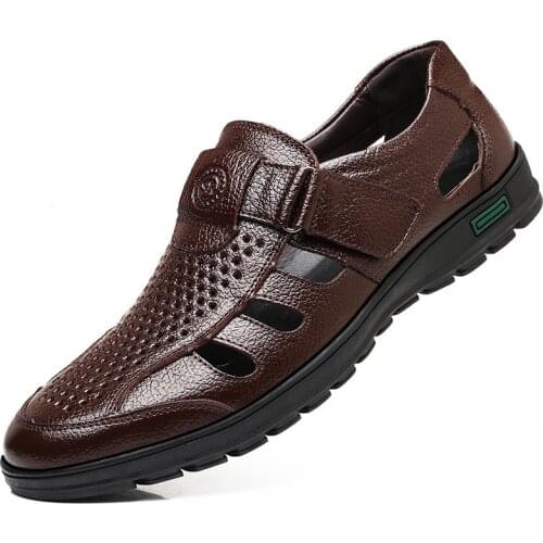 Classic Mens Summer Genuine Leather Sandals Black Brown Breathable Brand Plus Size Sandals Soft Outdoor Male Roman Sandals