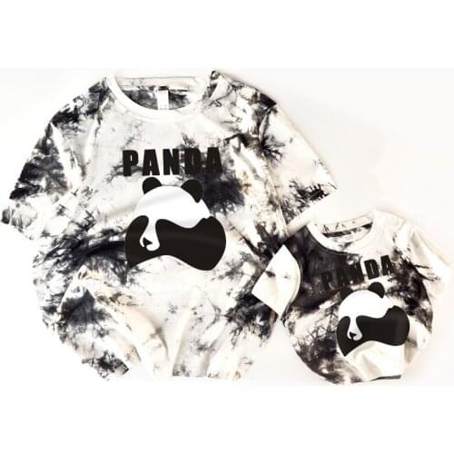 Chinese Style Panda Printed Family Matching Clothes Summer Tee Shirts Father Mother Daughter Son Mom Mommy and Me Clothes Dress