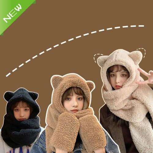 Fashion Winter Warm Bear Ears Hat Windproof Neck Scarf and Gloves Set for Woman Caps