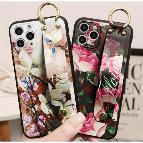 Wrist Strap Flower Phone Holder Stand Case For iPhone 12 11 Pro Max 5 5S SE 2 2020 6 6s 8 7 Plus X XR XS Max Soft TPU Back Cover