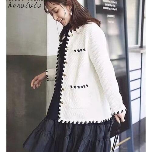 2021 spring Japanese new products stitching ribbon contrast color knitted short jacket women