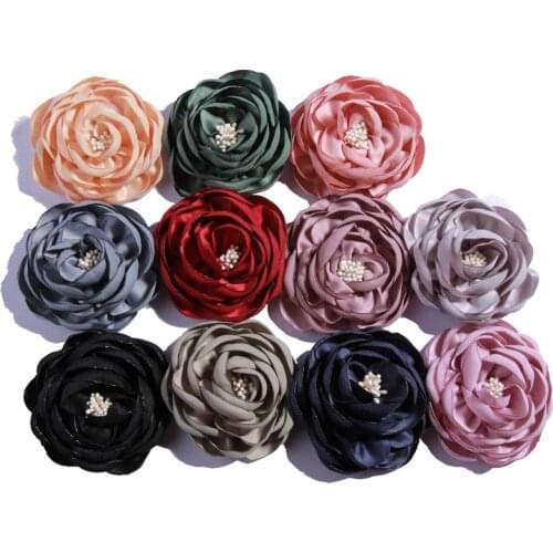 10PCS 7CM Vintage Color Burned Satin Flower with Stamen Hair Accessories Hairpin Hair Clip for Girl and Women