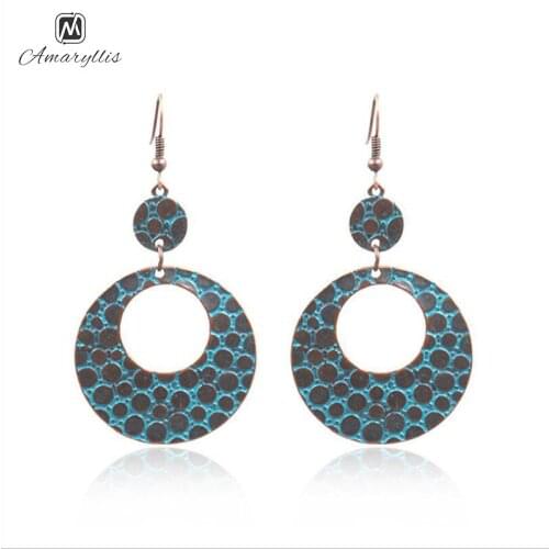 Amaiyllis Vintage Patina Double Round Circle Statement Dangle Earrings For Women Ethnic Hammer GEO Pendant Drop Earrings Brincos