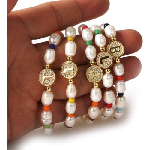 Genuine Natural Freshwater Pearl Bracelets Bangles For Women with cubic zirconium 26 letters Elasticity Jewelry Gift
