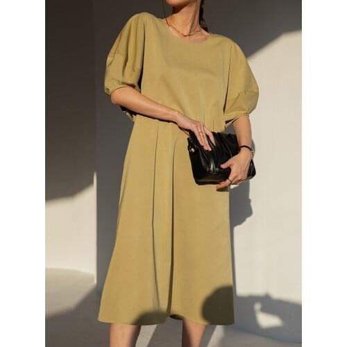 2021 Korean spring new round neck neutral dress womens cotton lantern short sleeve loose A-line Dress