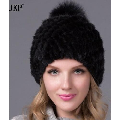 Hot sale real mink fur hat for winter womens mink point cap hats with fur fox pompons 2020 brand new thick female cap