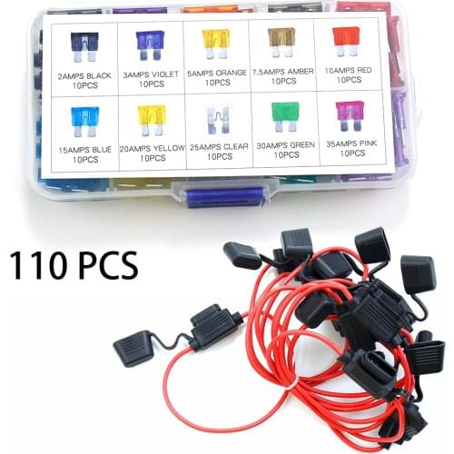 2.5 3 5 7.5 10 15 20 25 30 35 Amp [ Car Fuse] With Waterproof Holder Cable 100PCS Standard Blade Type Auto Replacement Fuses Set