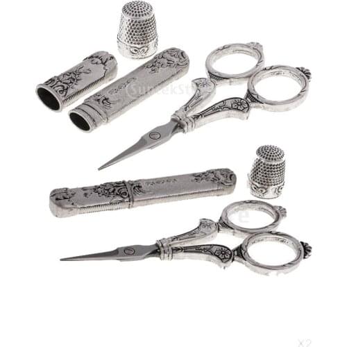 2 Sets European Vintage Sewing Kit Tailors Scissors Thimble Needle Case Holder DIY Embroidery Cross Stitch Crewel Craft Tools