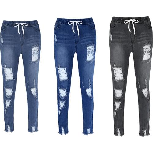 Harem Pants Vintage High Waist Jeans Woman Skinny Ripped Drawstring Elastic Waistband Trousers Frayed Raw Hem Denim Pants Street