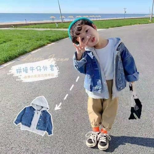 Childrens Fake Two-piece Denim Coat Boys and Girls Spring/Autumn Wear Hooded Korean Style fashion Top Jacket for Girl 2-6 Year