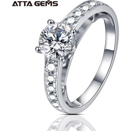 ATTAGEMS 1.0CT Moissanite 18K White Gold Plated 925 Silver Rings for Women Round Cut Solitaire Hidden Halo Ring for Engagement