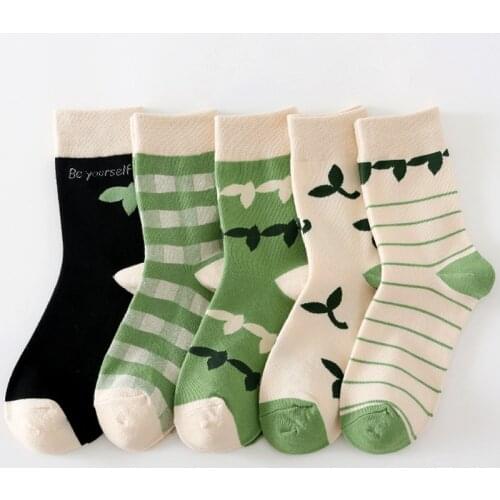 Avocado Green Stripes Checkerboard Comfortable Breathable Autumn Winter Women Socks Cute College Style Kawaii Female Sweet Girls