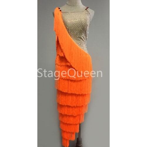 New Women Latin Dancer Dress Professional Competition Costume Sexy Backless Orange Fringe Skirt Sparkly Rhinestones Customizable