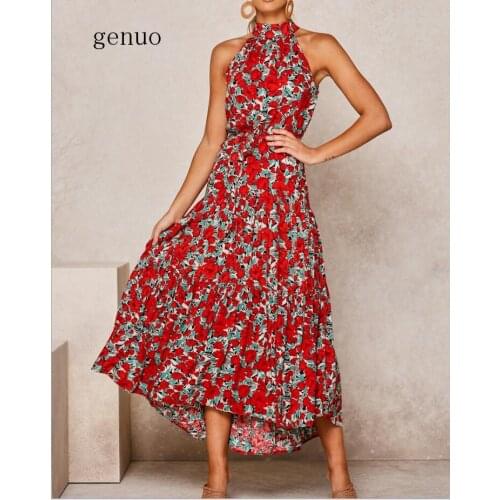 Genuo New 2020 Women Floral Print Dress Sleeveless Belt High Waist Boho Maxi Dress Casual Holiday Fashion Party Summer Dress