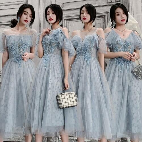 Bridesmaids Dress Short O-Neck Beading Embroidery Sequined Lace Knee-Length Tulle Off The Shoulder Women Wedding Party Gown E294