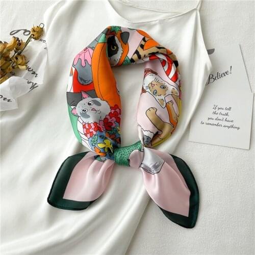 Silk Cute Cat Print Scarf for Women Neckerchief Hair Band Bag Wrist Headband Luxury Hijab Shawl and Wrap Bandana 2021 Echarpe