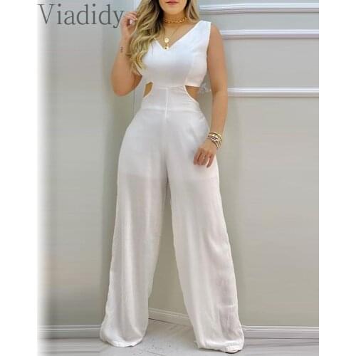 Women Summer Solid Color Cut Out Lace-up Open Back Jumpsuits Casual Sleeveless Wide Leg White Rompers