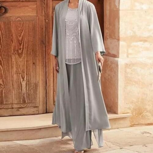 Women Casual 2 Piece Sets Elegant Solid Chiffon Two Piece Outfits Autumn Long Sleeve Cardigan Tops+Wide Leg Pants Suits Female