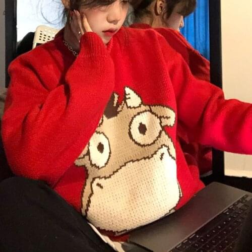 Harajuku Cartoon Cow Print Lazy Style WomenS Sweater Winter Street Clothing Loose Long-Sleeved Knitted Sweater Pullover Women