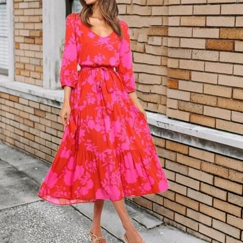 Womens Dress Female Vintage Floral Printed Elegant Fashion V-Neck Midi Dresses Spring Autumn Lantern Sleeve Vestido Feminino