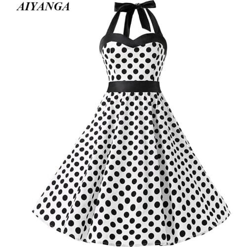 New Vintage Dress Wave point 2019 Spring Summer Halter Dress Female Slim Big Hem High Waist Sleeveless Sexy A-Line Dresses Lady