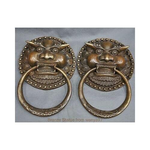 2PCS 8" Chinese Fengshui Bronze Foo Dog Tiger Door Holder Gate Knockers one Pair Garden Decoration 100% real Brass Bronze