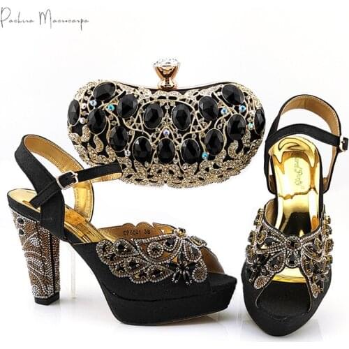 2021 New Arrival Nigerian Fashion Style Italian Design Black Color Party Women Shoes and Bag Set Decorated With Rhinestone
