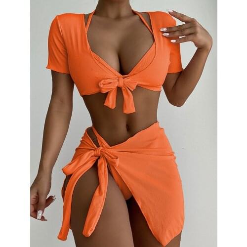 2021 Sexy Four Pieces Bikini Set With Beach Cover Up Women Swimsuit Female Swimwear Ribbed Bikini Bather Bathing Suits Swim Lady