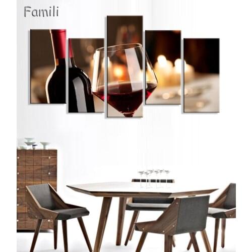 5Pcs Modern Still Life Wine Bottles Wall Art Painting Red Wine And Champagne With Glass Fruit And Barrel Picture for Kitchen