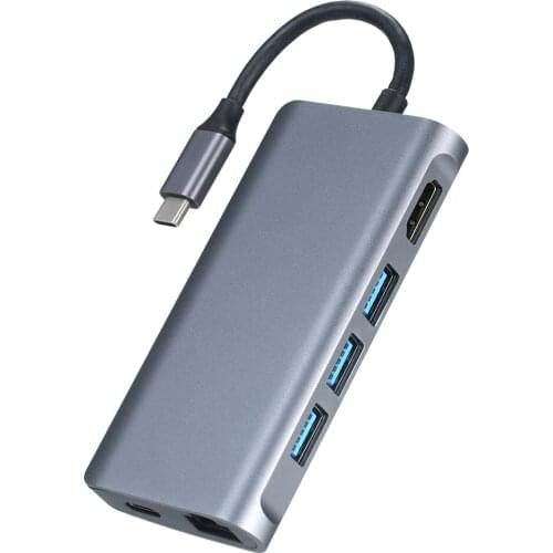 8-in-1 Type-C Hub Type-C to 4K@30Hz Adapter with Ethernet Port/ USB3.0/ 87W PD Quick Charge/ Support TF&SD Card Reading Grey