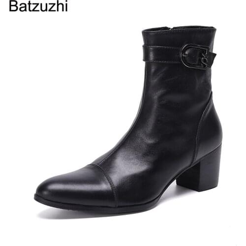 Batzuzhi 2021 Men Boots Pointed Toe Black Genuine Leather Ankle Boots Men Zip 7CM High Heels Handsome Botas Hombre Party/Wedding