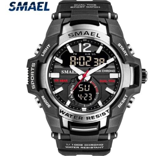 SMAEL Mens Sport Quartz Watch Men LED Digital 5ATM Waterproof Sport Military Watches Man Double Display Wristwatch Relogio Men