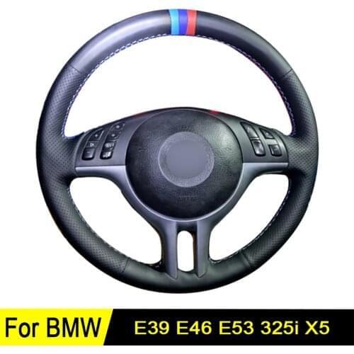Car Steering Wheel Covers For BMW E46 E39 325i E53 X5 X3 3 colors stripes Hand-stitched Black Soft Genuine Leather