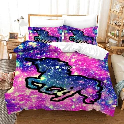 Space Fantasy Unicorn Patterned Bedding Set Full Size Duvet Children Girls Bedding Set Colorful Printed Unicorn Bedding Set