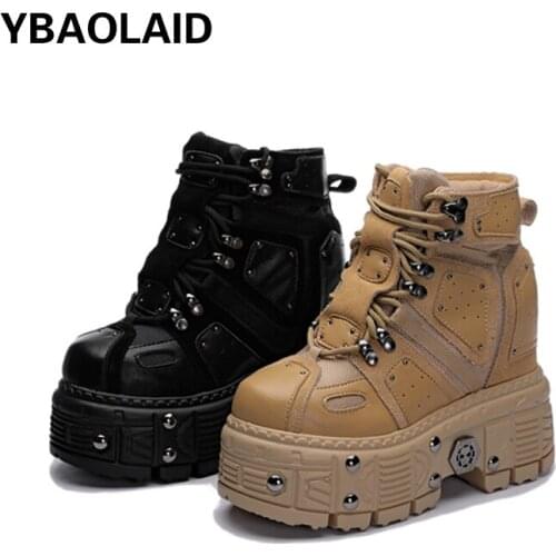 In The Leather Increased 12cm Martin Boots Spring and Autumn New Thick-soled Waterproof Platform Rivet Lace-up Nude Boots