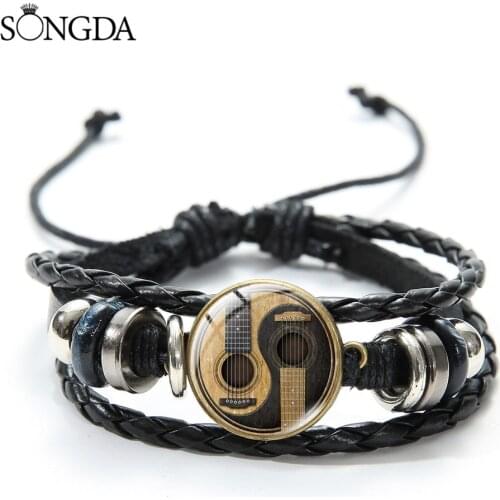 Creative Tai Chi Guitar Music Note Bracelets Musical Instrument Leather Glass Dome Layered Bracelet For Women Men Jewelry