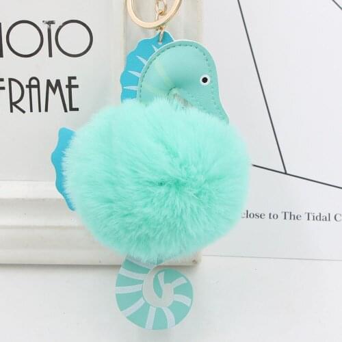 Cute Fluffy Pompom Seahorse Keychains For Women Bag Fur Pom Pom Walrus Key Chains Keyring Hippocampus totem Pendant Porte Clef