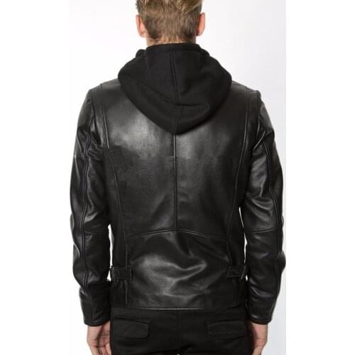 Mens fashion hood genuine Hat Detachable casual coat men black sheepskin male real leather jacket