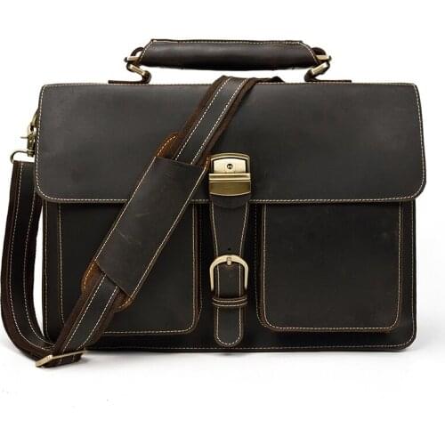 Men Business Briefcases Vintage Crazy Horse Genuine Leather 15 inch Laptop handbag Double layer real leather shoulder bag tote