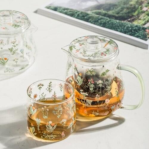 Ins Popular Tea Cup Teapot Set Floral Printed Home Office Use Glass Drinkware Sets Japan Simple Style