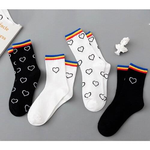 Cute Rainbow striped Socks Women Cotton Cartoon heart lady Solid black Sock funny Fashion warm Sokken Casual harajuku Female sox
