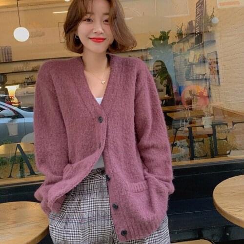 Pure Cardigan Sweater Women Loose Korean Style Knitted Tops Lady Long Sleeve Pocket Casual Sweaters V Neck Outerwear