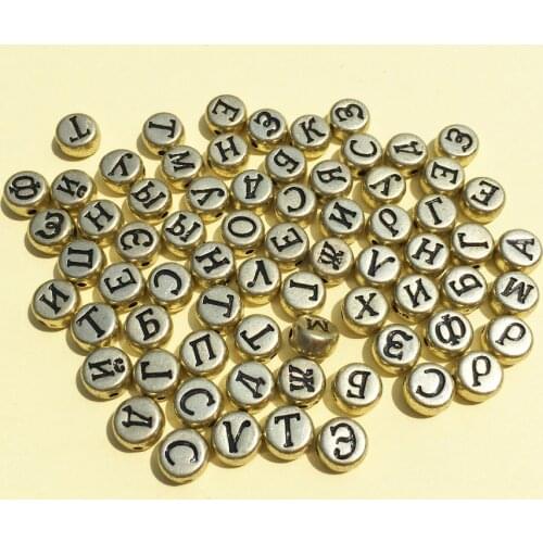 Wholesale 3400PCs Gold Color Acrylic Russian Letter Beads DIY Jewelry Spacer Beads Flat Coin Round Shape Initial Alphabet Beads