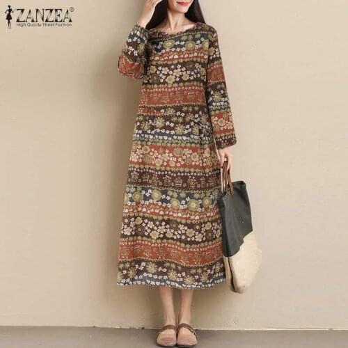 ZANZEA Women Vintage Floral Printed Long Dress Spring Long Sleeve Loose Kaftan Vestidos Oversized Tunic Sundress Robe Femme 7